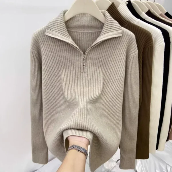 cn-11134207-7ras8-mbxhyi9on97d4c.webp Knit Sweater Loose Sleeve Zipper Basic Korean Fashion Women Ladies Versatile Plain Color Long Sleeve Collar Knitwear Blouse