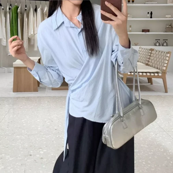 cn-11134207-820l4-mdy9z0148lqa02.webp Korean Style Waist Controlled Lace up Loose Striped Shirt Women Unique Elegant Long Sleeve Shirt Blouse Women