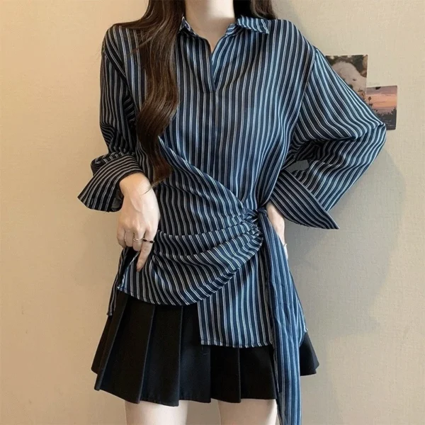 sg-11134201-7rd55-m6xr27w3dn8y9a.webp Korean Style Waist Controlled Lace up Loose Striped Shirt Women Unique Elegant Long Sleeve Shirt Blouse Women