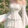 Off Shoulder Lace Up Front Ruched Bust Ruffle Hem White Waisted Bell Sleeves Blouse