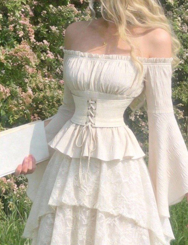 Off Shoulder Lace Up Front Ruched Bust Ruffle Hem White Waisted Bell Sleeves Blouse
