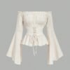 Off Shoulder Lace Up Front Ruched Bust Ruffle Hem White Waisted Bell Sleeves Blouse