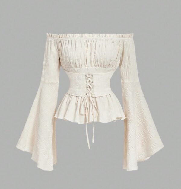 Off Shoulder Lace Up Front Ruched Bust Ruffle Hem White Waisted Bell Sleeves Blouse